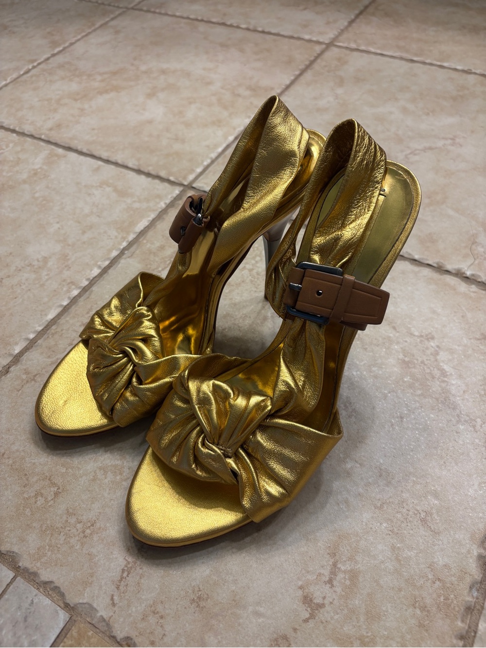 BCBGMAXAZRIA Gold Knot Front Slingback Heels